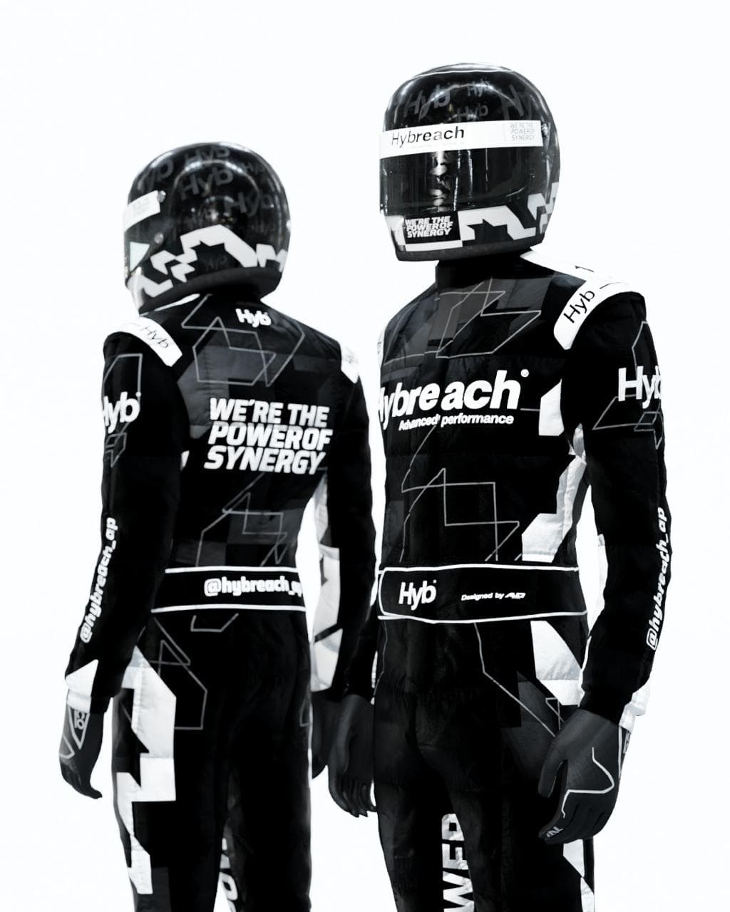 Indumentaria de competición con diseño Hybreach: buzos y cascos de carrera con la trama monocromática y el claim We're the power of synergy